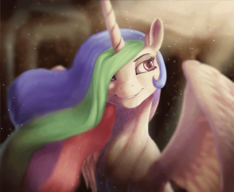 Size: 800x654 | Tagged: safe, artist:starblaze25, artist:theshadowscale, character:princess celestia, species:alicorn, species:pony, animated, bust, cheek fluff, chest fluff, cinemagraph, cute, cutelestia, dust motes, ear fluff, female, fluffy, grin, hair over one eye, lidded eyes, looking back, looking sideways, mare, missing accessory, neck fluff, portrait, sitting, smiling, solo, sparkles, spread wings, wing fluff, wings