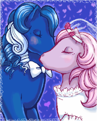 Size: 320x400 | Tagged: safe, artist:hollowzero, species:earth pony, species:pony, g1, bow tie, clothing, dress, earth pony only, eyes closed, female, kissing, male, marriage, pink mane, satin 'n lace, straight, tux 'n tails, two toned mane, wedding