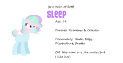 Size: 1174x600 | Tagged: safe, artist:sodadoodle, base used, oc, oc only, oc:sleep, parent:princess celestia, parent:rainbow dash, parents:dashlestia, species:pony, species:unicorn, blue, magical lesbian spawn, next generation, offspring, pastel, pink hair, purple hair, reference sheet, rude horse, turquoise hair