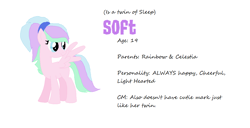 Size: 1174x600 | Tagged: safe, artist:sodadoodle, base used, oc, oc only, oc:soft, parent:princess celestia, parent:rainbow dash, parents:dashlestia, species:pegasus, species:pony, blue eyes, blue hair, magical lesbian spawn, next generation, offspring, pink, purple hair, reference sheet, turquoise hair