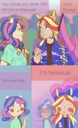Size: 1000x1624 | Tagged: safe, artist:theorderofalisikus, character:bon bon, character:sunset shimmer, character:sweetie drops, character:twilight sparkle, character:twilight sparkle (scitwi), species:eqg human, species:human, ship:scitwishimmer, ship:sunsetsparkle, my little pony:equestria girls, bisexual pride flag, bisexuality, blush sticker, blushing, blushing profusely, comic, eared humanization, female, flag, human coloration, humanized, lesbian, pride, pride flag, pun, shipping, super deformed