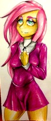 Size: 1325x3127 | Tagged: safe, artist:nolyanimeid, character:fluttershy, species:human, episode:fake it 'til you make it, clothing, female, fluttergoth, goth, humanized, loose hair, pony coloring, solo, traditional art