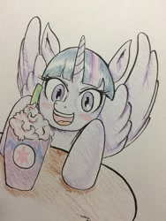 Size: 960x1280 | Tagged: safe, artist:nipa, character:twilight sparkle, character:twilight sparkle (alicorn), species:alicorn, species:pony, blushing, cup, eyes on the prize, female, food, happy, mare, open mouth, smiling, solo, spread wings, table, traditional art, unicorn frappuccino, wings