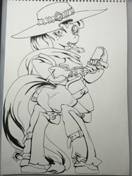 Size: 2448x3264 | Tagged: safe, artist:nipa, character:applejack, species:earth pony, species:pony, amputee, chaps, cigar, clothing, cowboy hat, crossover, female, gun, handgun, hat, jesse mccree, looking at you, looking back, looking back at you, mccreejack, monochrome, overwatch, pistol, prosthetic limb, prosthetics, semi-anthro, smoking, solo, spurs, traditional art