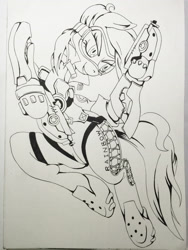 Size: 2448x3264 | Tagged: safe, artist:nipa, character:rainbow dash, species:anthro, arm hooves, armor, clothing, crossover, female, goggles, handgun, monochrome, overwatch, rainbow tracer, solo, tracer, traditional art