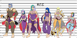 Size: 1024x512 | Tagged: safe, artist:korencz11, character:applejack, character:princess celestia, character:princess luna, character:rainbow dash, oc, oc:helios iscandor, oc:nebula iscandor, species:human, abs, archer dash, arrow, axe, barefoot, bow (weapon), bow and arrow, cape, clothing, family, feet, group, height difference, height scale, humanized, kingdom of the desert sky, line-up, muscles, parent, sword, weapon