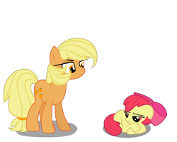 Size: 2500x2000 | Tagged: safe, artist:sodadoodle, derpibooru original, character:apple bloom, character:applejack, species:pony, alternate cutie mark, alternate hairstyle, alternate universe, angry, apple bloom's bow, bow, dishonorapple, female, food, hair bow, hair tie, high res, looking down, mare, orange, sad, satsuma jack, shadow, short hair, show accurate, simple background, transparent background, vector