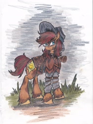Size: 2512x3316 | Tagged: safe, artist:zubias, oc, oc:sunny days, species:earth pony, species:pony, fallout equestria, clothing, fallout equestria: murky number seven, fanfic art, female, hat, high res, mare, solo, traditional art