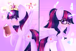 Size: 1024x683 | Tagged: safe, artist:twily-star, character:twilight sparkle, character:twilight sparkle (alicorn), character:twilight sparkle (scitwi), species:alicorn, species:pony, big crown thingy, book, equestria girls ponified, glasses, heart eyes, jewelry, ponified, ponytail, regalia, scitwilicorn, scroll, test tube, twolight, wingding eyes