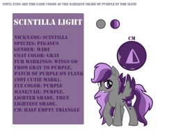 Size: 2500x2000 | Tagged: safe, artist:sodadoodle, oc, oc only, oc:scintillalight, species:pegasus, species:pony, bags under eyes, colored wings, eyebrows, female, frown, gray, high res, hooves, info, looking back, mare, movie accurate, purple, purple eyes, purple mane, reference sheet, simple background, solo, spread wings, text, transparent background, triangle, wings