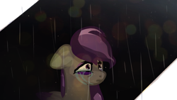 Size: 640x360 | Tagged: safe, artist:sodadoodle, oc, oc only, oc:scintillalight, species:pegasus, species:pony, bags under eyes, bokeh, crying, dark, female, frown, gray, mare, purple eyes, purple mane, rain, sad, sky, solo, tears of pain