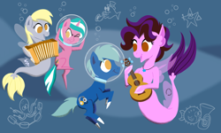 Size: 800x480 | Tagged: safe, artist:tim-kangaroo, character:derpy hooves, oc, species:pony, species:seapony (g4), accordion, amy keating rogers, bronycon, bubble, bubble helmet, bubble on head, musical instrument, seaponified, species swap, ukulele, underwater