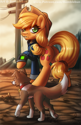 Size: 990x1530 | Tagged: safe, artist:bumblebun, part of a set, character:applejack, character:winona, species:dog, species:earth pony, species:pony, bethesda, clothing, cowboy hat, crossover, cutie mark, dogmeat, fallout, fallout 4, fanfic, fanfic art, female, freckles, hat, hooves, looking back, mare, pipboy, pipbuck, plot, power line, raised hoof, sole survivor, solo, stetson, vault suit, wasteland