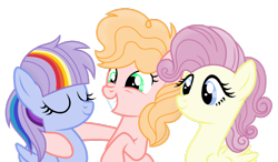 Size: 1024x600 | Tagged: safe, artist:cirillaq, oc, oc only, oc:blue shine, oc:green pie, oc:timidity, parent:applejack, parent:pinkie pie, parent:rainbow dash, parent:twilight sparkle, parents:applepie, parents:twidash, species:earth pony, species:pegasus, species:pony, female, flarity (fusion), fusion, magical lesbian spawn, mare, offspring, simple background, transparent background, trio