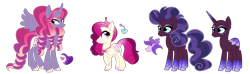 Size: 3588x1065 | Tagged: safe, artist:unicorn-mutual, oc, oc only, parent:cherry jubilee, parent:princess cadance, parent:princess luna, parent:saffron masala, species:alicorn, species:pegasus, species:pony, species:unicorn, female, magical lesbian spawn, mare, offspring, parent:scarlet heart, simple background, transparent background