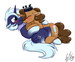 Size: 1024x851 | Tagged: safe, artist:whitehershey, oc, oc only, oc:blizzard shard, oc:buttercup shake, species:pony, species:unicorn, blushing, crown, cuddling, cute, eyes closed, female, jewelry, lesbian, mare, regalia, shipping, simple background, transparent background