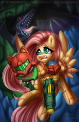 Size: 990x1530 | Tagged: safe, artist:bumblebun, part of a set, character:fluttershy, species:pegasus, species:pony, concerned, crossover, female, mare, metroid, metroid (species), nintendo, open mouth, ridley, samus aran, solo