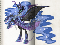Size: 800x592 | Tagged: safe, artist:hexfloog, character:nightmare moon, character:princess luna, armor, clothing, dress, female, frown, gritted teeth, magic, rearing, solo, spread wings, traditional art, wings
