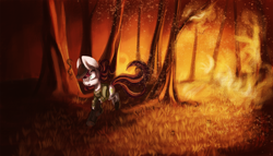 Size: 2000x1147 | Tagged: safe, artist:hagalazka, oc, oc only, oc:appleale, species:pony, fallout equestria, fallout, female, fire, forest, forest fire, mare, paint, running, solo