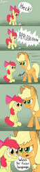 Size: 1650x6989 | Tagged: safe, artist:zaponator, character:apple bloom, character:applejack, species:earth pony, species:pony, absurd resolution, comic, dialogue, female, filly, floppy ears, heck, hypocrisy, irony, mare, open mouth, sitting, speech bubble, vulgar