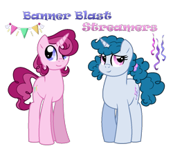 Size: 1097x987 | Tagged: safe, artist:hazardous-andy, base used, oc, oc only, oc:banner blast, oc:streamers, parent:party favor, parent:sugar belle, parents:partybelle, species:pony, species:unicorn, brother and sister, colt, duo, female, filly, male, offspring, pigtails, simple background, transparent background