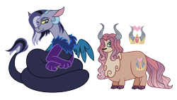 Size: 2346x1325 | Tagged: safe, artist:hazardous-andy, oc, oc only, parent:discord, parent:prince rutherford, parent:princess celestia, parent:princess luna, parents:lunacord, species:draconequus, cousins, draconequus oc, duo, female, hair over one eye, hybrid, interspecies offspring, male, offspring, parents:ruthlestia, simple background, transparent background, yakony