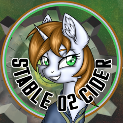 Size: 900x900 | Tagged: safe, artist:ravvij, oc, oc:littlepip, species:pony, species:unicorn, fallout equestria, bottlecap, brown, cap, clothing, cute, ear fluff, fallout, fanfic, fanfic art, female, fiaura, gray, green, hat, horn, mare, smiling, solo, stable, stable 2, stable door, teeth, text, vault, vault suit, vaultdoor