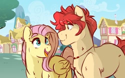 Size: 900x563 | Tagged: safe, artist:canisrettmajoris, character:fluttershy, oc, oc:buck, parent:braeburn, parent:fluttershy, parents:braeshy, species:earth pony, species:pegasus, species:pony, digital art, duo, female, looking at each other, male, mare, mother and son, next generation, offspring, open mouth, stallion, story included