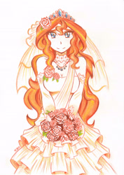 Size: 2476x3504 | Tagged: safe, artist:dragonemperror2810, character:sunset shimmer, species:human, my little pony:equestria girls, bride, clothing, cute, dress, female, flower, humanized, looking at you, simple background, smiling, solo, wedding dress