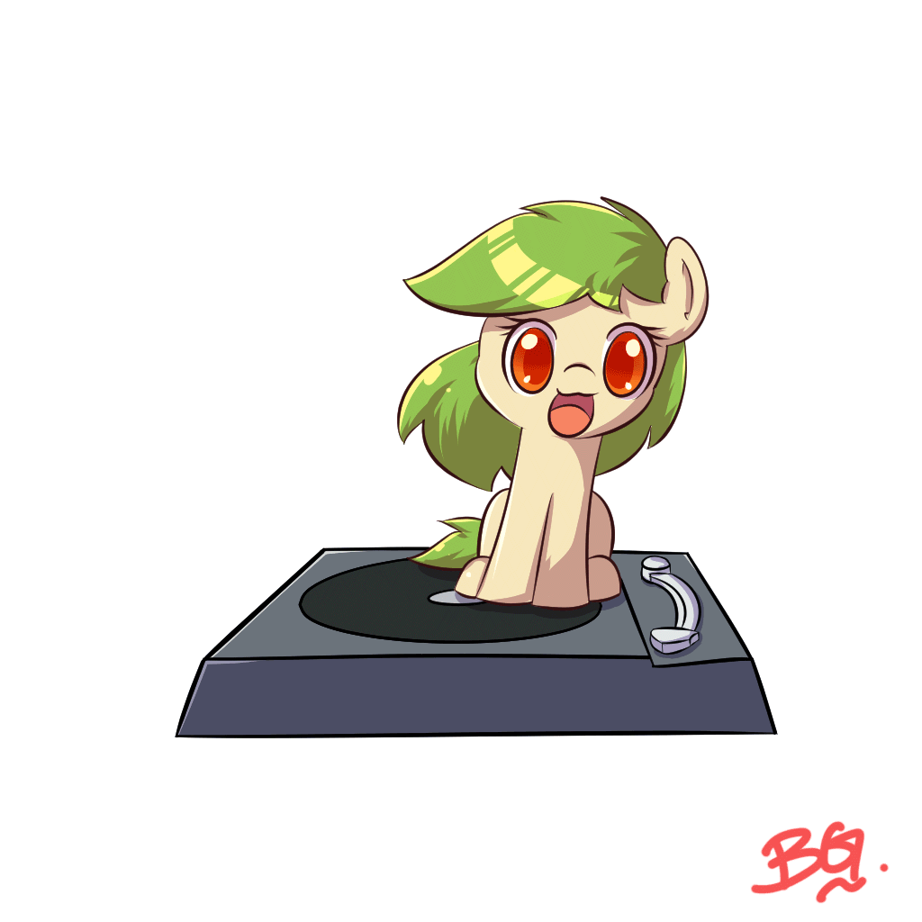 Size: 1024x1024 | Tagged: safe, artist:tikrs007, artist:valcron, edit, oc, oc:green cracker, species:pony, animated, chibi, cute, cutie mark, female, filly, gif, good trick, open mouth, record player, simple background, sitting, solo, spinning, turntable, turntable pony, white background, you spin me right round