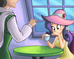 Size: 1500x1200 | Tagged: safe, artist:ric-m, character:jet set, character:rarity, species:human, episode:sweet and elite, g4, my little pony: friendship is magic, blushing, cafe, cappuccino, clothing, coffee, duo, female, flower, flower in hair, hat, humanized, male, pointing, scene interpretation, sitting, table, wide eyes