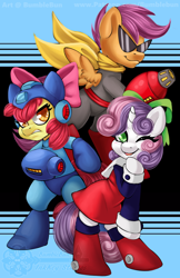 Size: 990x1530 | Tagged: safe, artist:bumblebun, character:apple bloom, character:scootaloo, character:sweetie belle, species:earth pony, species:pegasus, species:pony, species:unicorn, bow, clothing, cutie mark crusaders, female, hair bow, looking at you, megaman, megaman (character), megamare, one eye closed, protoman, roll, scarf, tongue out, video game crossover, wink