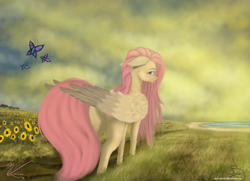 Size: 3373x2440 | Tagged: safe, artist:vinicius040598, character:fluttershy, species:pegasus, species:pony, butterfly, female, floppy ears, flower, flower field, folded wings, freckles, grass, grass field, looking at you, looking back, looking back at you, outdoors, profile, signature, solo, standing, sunflower, sunset