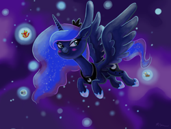 Size: 2224x1668 | Tagged: safe, artist:catscratchpaper, character:big mcintosh, character:derpy hooves, character:princess luna, character:starlight glimmer, species:alicorn, species:pony, alicornified, dream realm, dream walker luna, ethereal mane, female, flying, food, galaxy mane, i mean i see, mare, muffin, princess big mac, race swap, smiling, solo