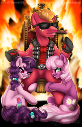 Size: 990x1530 | Tagged: safe, artist:bumblebun, part of a set, character:big mcintosh, character:cheerilee, character:sugar belle, species:earth pony, species:pony, species:unicorn, ammunition, cigar, clothing, crossover, duke nukem, fire, freckles, sitting, sunglasses, video game
