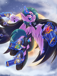 Size: 1600x2100 | Tagged: safe, artist:tikrs007, oc, oc only, oc:sapphire night, species:alicorn, species:pony, alicorn oc, bayonetta, bayonetta (character), bayonetta 2, blaster, clothing, cloud, commission, cosplay, costume, female, glasses, glowing horn, gun, handgun, high heels, jewelry, levitation, love is blue, magic, mare, moon, night, night sky, plot, ponified, shoes, sky, solo, tail wrap, telekinesis, weapon