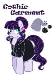 Size: 824x1164 | Tagged: safe, artist:hazardous-andy, base used, oc, oc only, oc:gothic garment, parent:inky rose, parent:moonlight raven, parents:inkyraven, species:earth pony, species:pony, clothing, dress, ear piercing, earring, female, frilly dress, hair bun, jewelry, magical lesbian spawn, mare, offspring, piercing, simple background, solo, transparent background