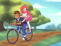 Size: 3600x2700 | Tagged: safe, artist:lucy-tan, commissioner:imperfectxiii, character:pinkie pie, oc, oc:copper plume, g4, my little pony: equestria girls, my little pony:equestria girls, bicycle, canon x oc, clothing, cloud, converse, copperpie, cute, duo, female, freckles, geode of sugar bombs, glasses, jeans, male, neckerchief, pants, sandals, scenery, shirt, shoes, skirt, sneakers, stockings, thigh highs, tree, water