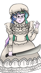 Size: 540x959 | Tagged: safe, artist:pokecure123, character:princess celestia, character:principal celestia, my little pony:equestria girls, anime, cells at work, clothing, cosplay, costume, female, kikuko inoue, machete, macrophage, maid, simple background, solo, transparent background, voice actor joke