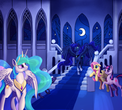 Size: 3000x2700 | Tagged: safe, artist:dalagar, character:fluttershy, character:princess celestia, character:princess luna, character:twilight sparkle, oc, species:alicorn, species:earth pony, species:pegasus, species:pony, castle, female, indoors, interior, majestic, night, sisters, spread wings, stained glass, stairs, wings