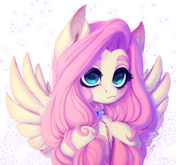 Size: 2387x2240 | Tagged: safe, artist:shenki, character:fluttershy, species:pegasus, species:pony, collar, cute, cutie mark collar, female, fluffy, high res, leash, long mane, looking at you, raised eyebrows, shyabetes, solo, spread wings, wings