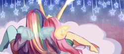Size: 1600x700 | Tagged: safe, artist:dez, character:fluttershy, character:rainbow dash, ship:flutterdash, my little pony:equestria girls, cloud, female, lesbian, on a cloud, shipping, sitting on a cloud, stars