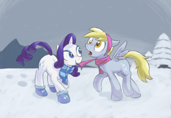 Size: 1325x917 | Tagged: safe, artist:yeendip, character:derpy hooves, character:rarity, species:pegasus, species:pony, ship:derpity, blushing, clothing, female, hat, lesbian, mare, mittens, scarf, shipping, snow, winter