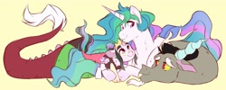 Size: 4000x1600 | Tagged: safe, artist:canisrettmajoris, character:discord, character:princess celestia, oc, oc:polyphony, parent:discord, parent:princess celestia, parents:dislestia, species:alicorn, species:draconequus, species:pony, ship:dislestia, crown, draconequus oc, family, female, filly, high res, hybrid, interspecies, interspecies offspring, jewelry, male, mare, next generation, offspring, regalia, shipping, simple background, straight, trio, yellow background