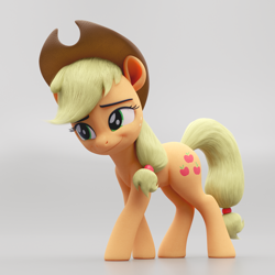 Size: 4096x4096 | Tagged: safe, artist:therealdjthed, character:applejack, species:earth pony, species:pony, 3d, 3d model, absurd resolution, blender, clothing, cowboy hat, cycles, cycles render, female, freckles, gray background, hat, mare, model:djthed, side view, simple background, smiling, solo