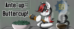 Size: 1600x619 | Tagged: safe, artist:ravvij, oc, oc:blackjack, species:pony, species:unicorn, fallout equestria, fallout equestria: project horizons, alcohol, black and red, blackjack, bowl, cafeteria, challenge, cheek fluff, chips, coffee, coffee pot, commission, cup, cuppa, cute, fallout, fanfic art, female, food, grin, mare, metal, mug, pot, red and black oc, small horn, smiling, smug, soilent green, solo, steam, table, whiskey, wild pegasus
