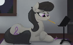 Size: 1920x1200 | Tagged: safe, artist:soctavia, character:octavia melody, species:pony, bow tie, cheek fluff, chest fluff, despacito, female, lying down, mare, messy mane, moon, moonlight, mouth hold, music stand, pencil, rug, shelf, solo, turntable