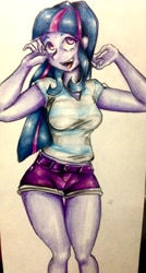 Size: 1652x3089 | Tagged: safe, artist:nolyanimeid, character:twilight sparkle, my little pony:equestria girls, clothing, female, midriff, open mouth, shirt, shorts, simple background, solo, traditional art, white background