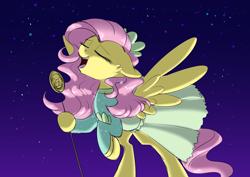 Size: 1024x724 | Tagged: safe, artist:whitehershey, character:fluttershy, species:pony, episode:so much more to me, g4, my little pony: equestria girls, my little pony:equestria girls, clothing, dress, equestria girls ponified, female, microphone, ponified, scene interpretation, singing, solo