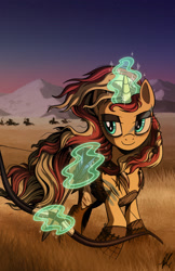 Size: 2475x3825 | Tagged: safe, artist:hexfloog, character:sunset shimmer, arrow, bow (weapon), bow and arrow, commission, crossover, dothraki, female, game of thrones, magic, solo, telekinesis, weapon